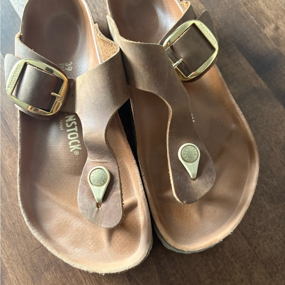 Birkenstock Tan Sandals with Gold Accents